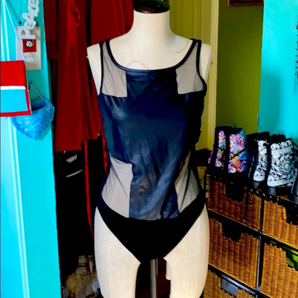 Black faux leather and chiffon bodysuit.